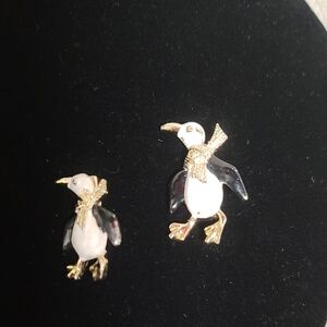 Vintage Penguin Brooch and Pin Set with Black Gold Accents